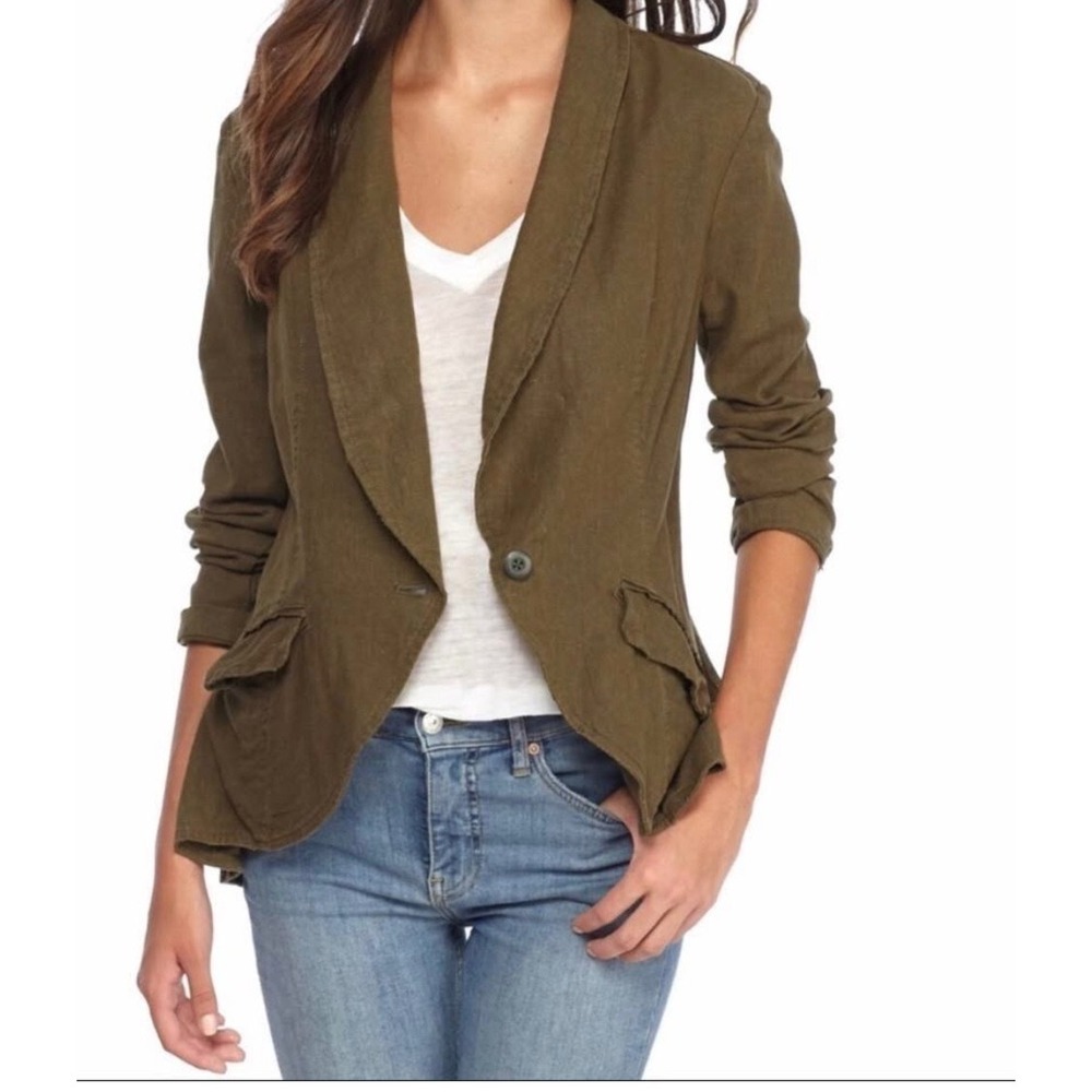 Free People Blazer sz SP Olive Green Linen Blend Shawl Collar Peplum preppy